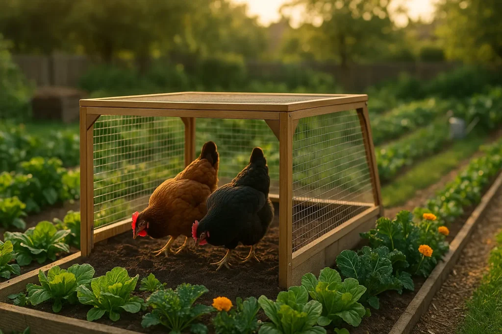 Two hens in a chicken tractor aerating a vegetable bed at golden hour